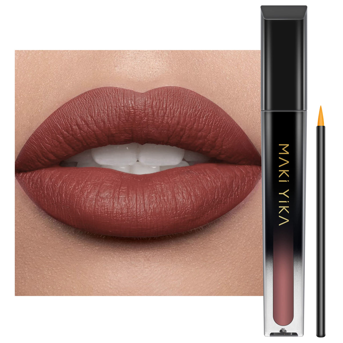 MAKI YIKA front tube showing brown nude shade and sleek packaging benefit long-lasting color