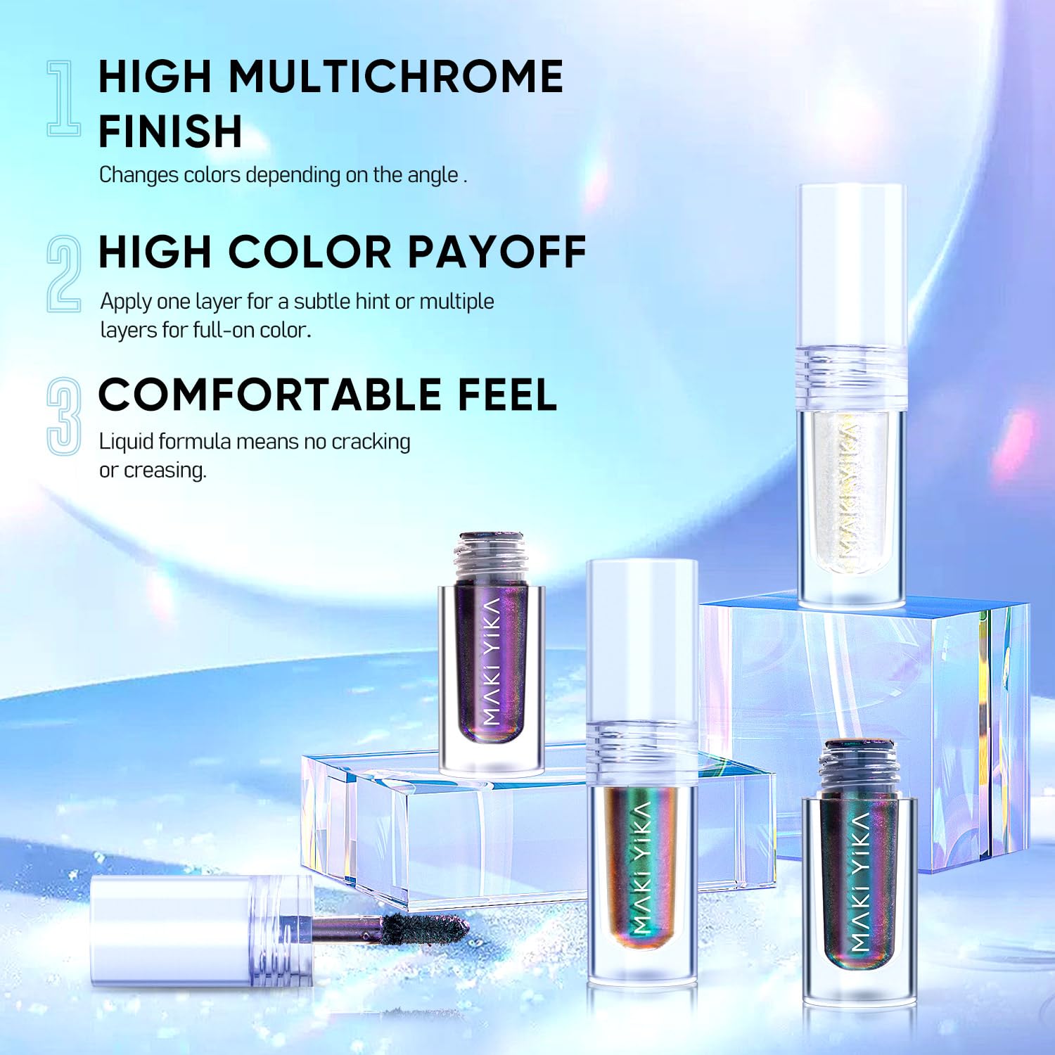 MAKI YIKA product applied on model eye demonstrating long-wear sparkle