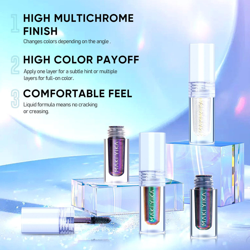 MAKI YIKA product applied on model eye demonstrating long-wear sparkle