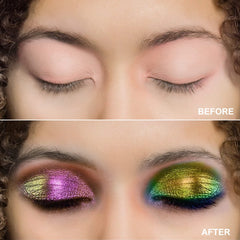 MAKI YIKA lifestyle party look with teal holographic eyes for striking evening makeup