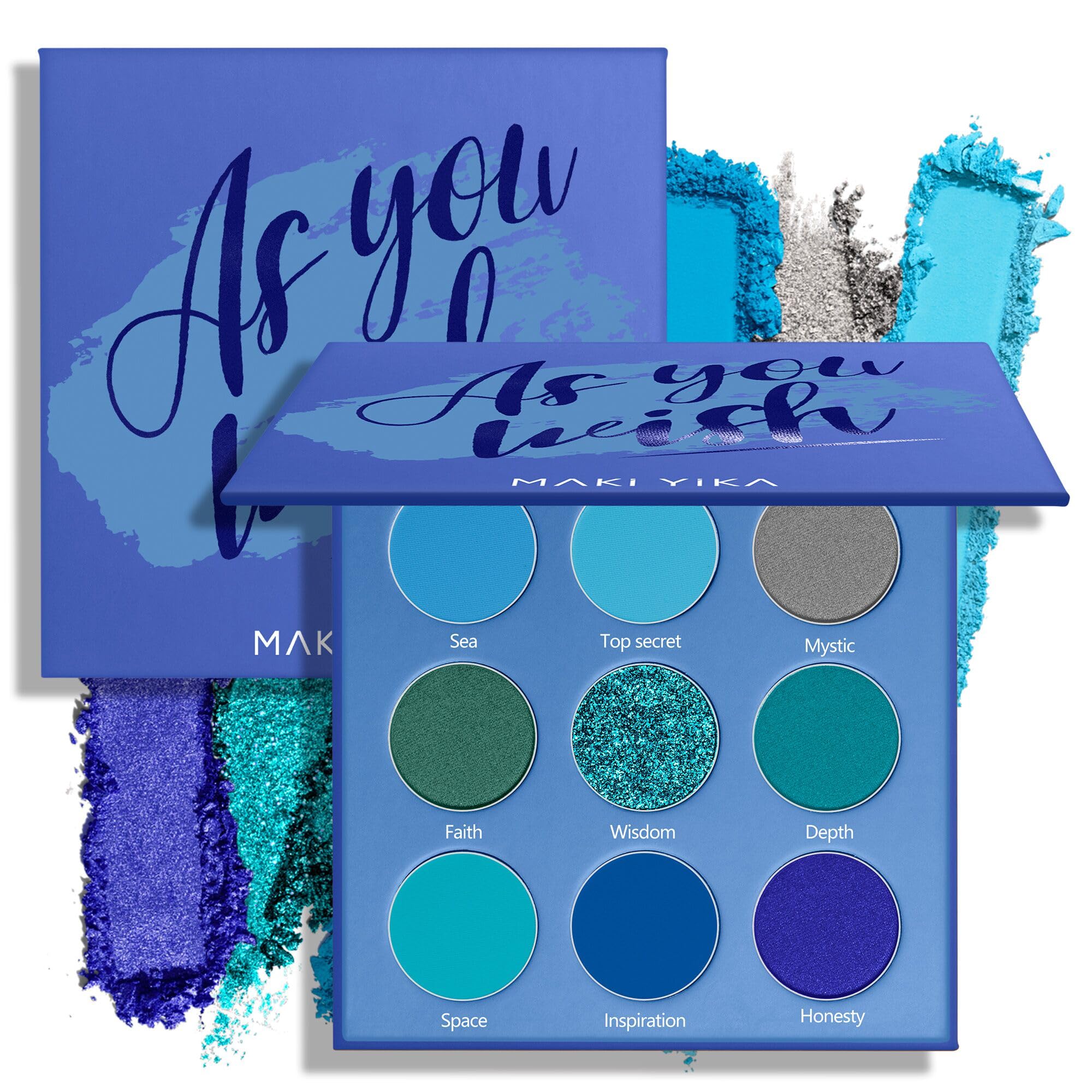 MAKI YIKA open palette showing nine blue shades and finishes for versatile looks