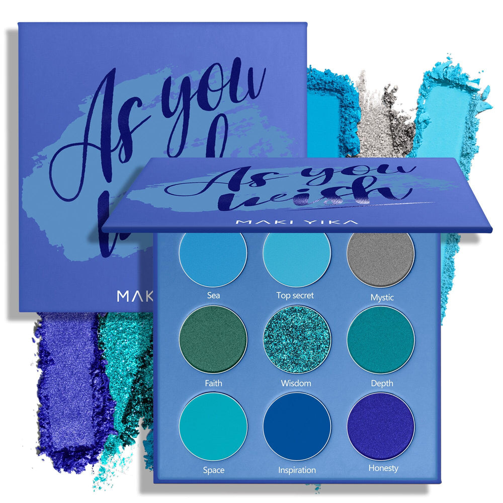 MAKI YIKA open palette showing nine blue shades and finishes for versatile looks