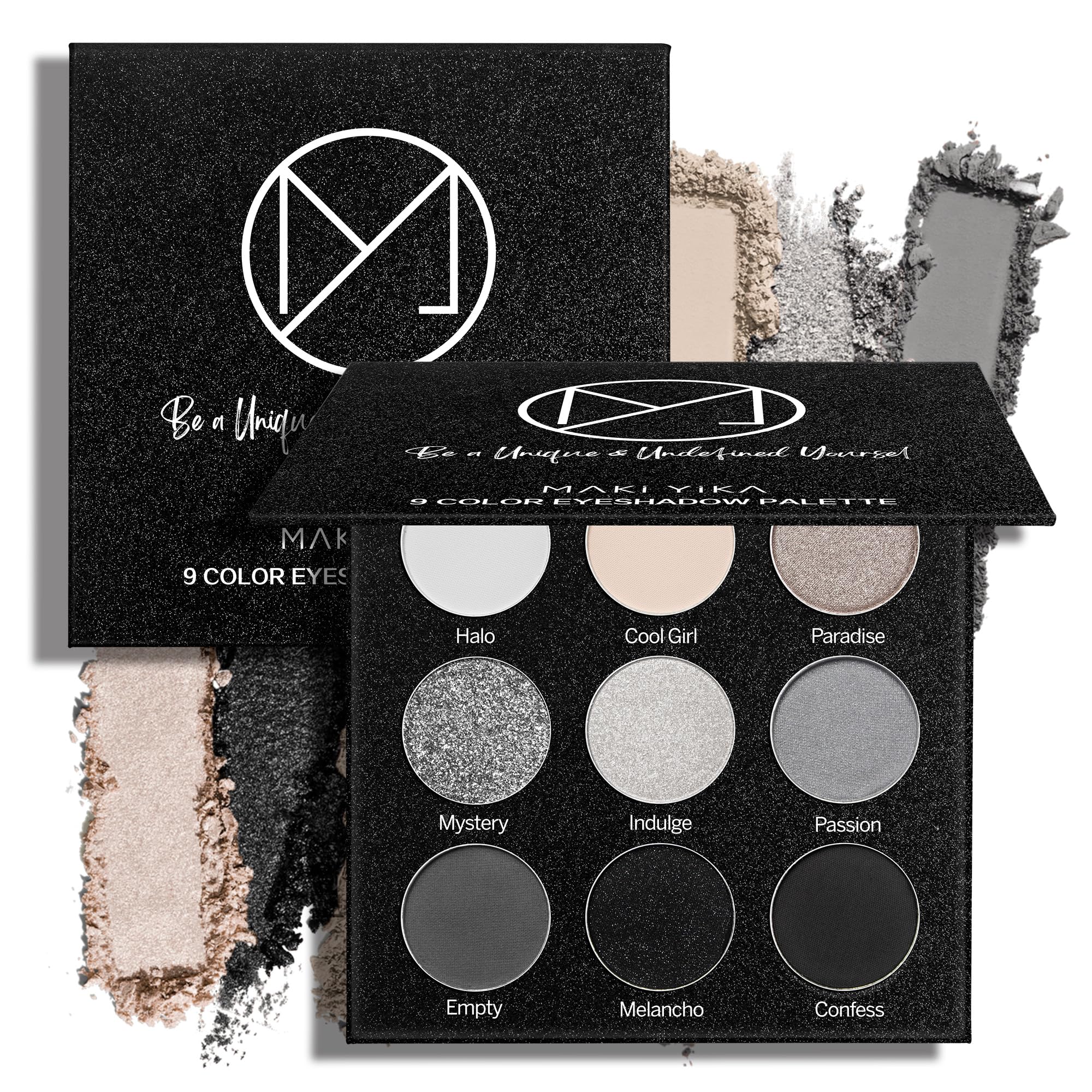 MAKI YIKA palette front open showing nine black and grey shades benefit easy selection