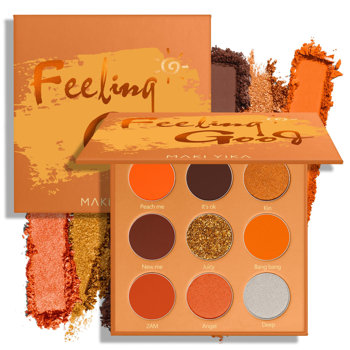 MAKI YIKA palette front view showing nine orange shades and portability benefit