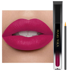 MAKI YIKA front tube showing rose pink shade and sleek packaging benefit long-wear
