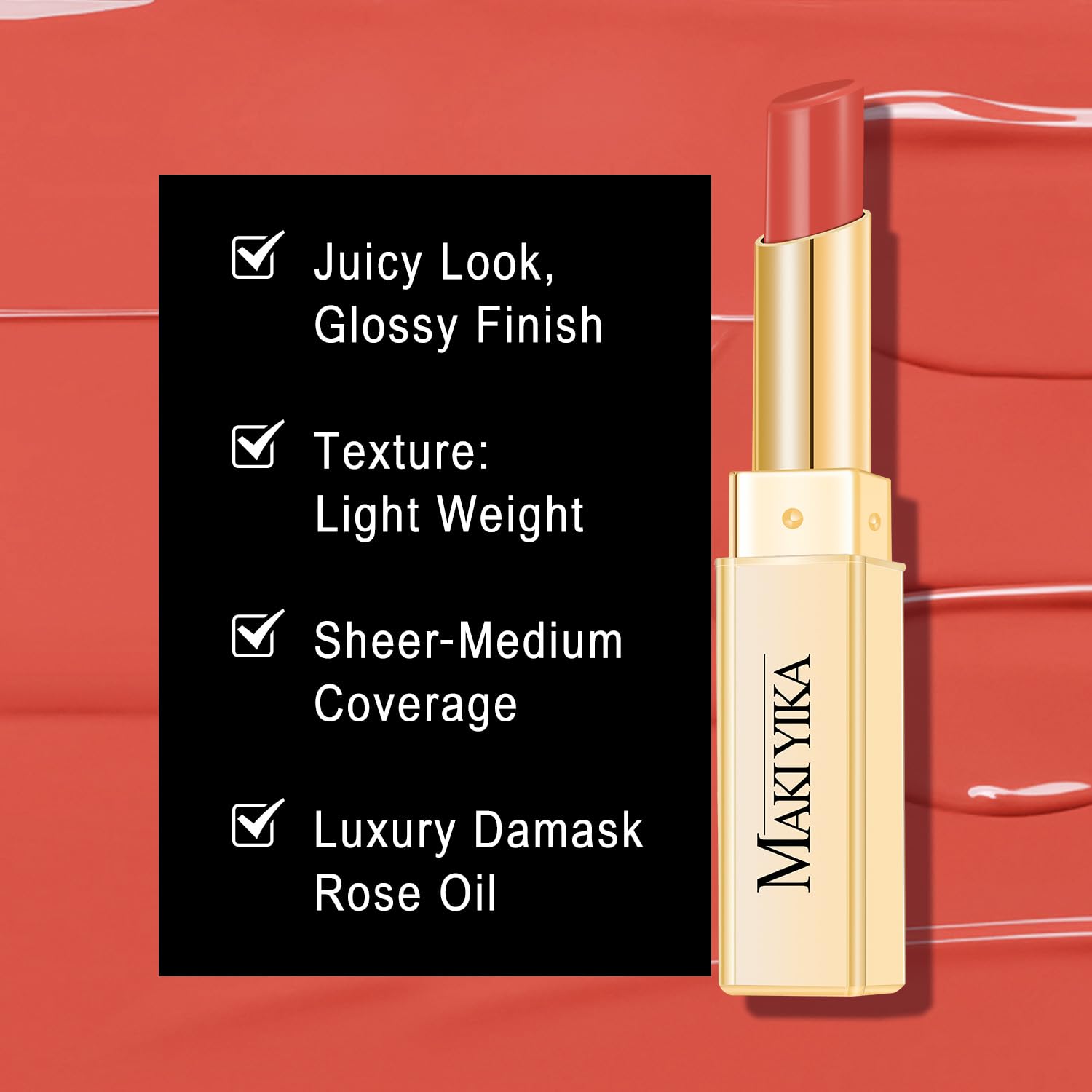 MAKI YIKA swatch on skin demonstrating coral pigment and buildable color
