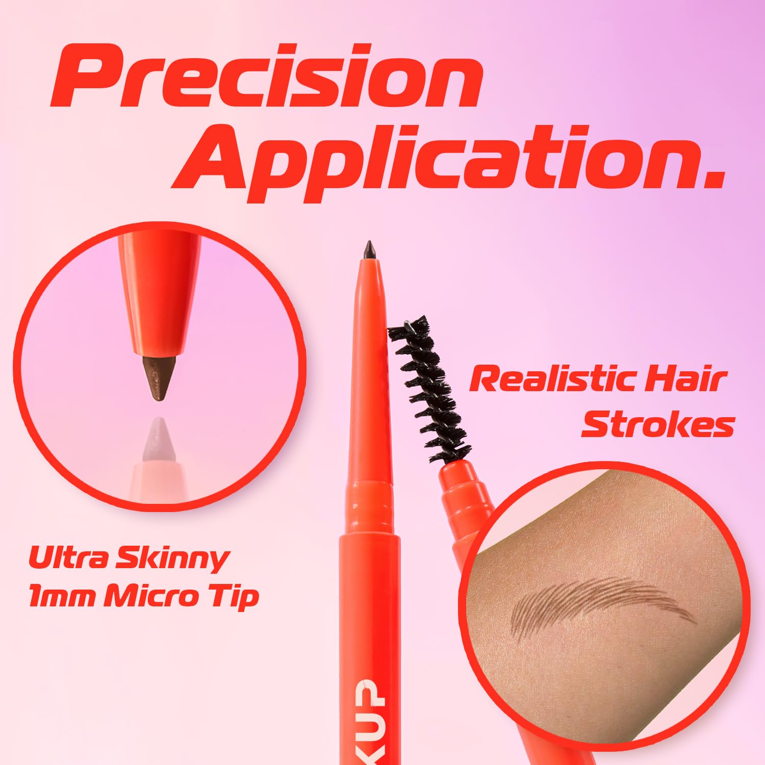 Makup Beauty ultra-thin 1.0mm tip close-up creating hair-like brow strokes with precision