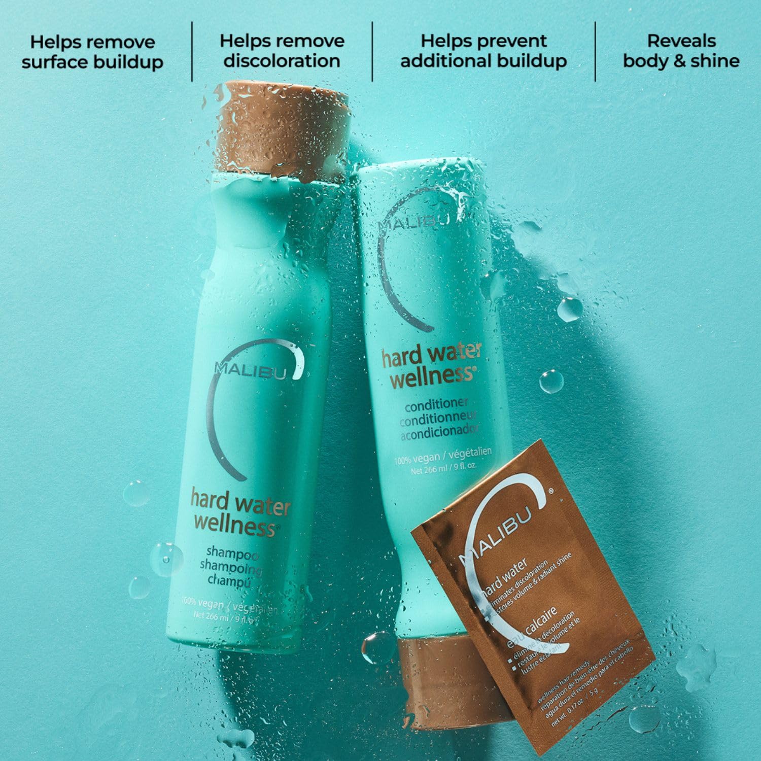 Malibu C label detail highlighting sulfate-free and vegan formulation benefits