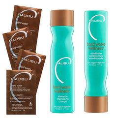Malibu C front view of three single-use packets showing packaging and benefits