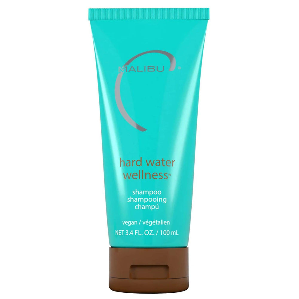 Malibu C travel bottle front view showing compact chelating shampoo benefits