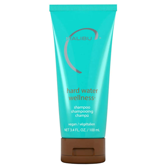 Malibu C travel bottle front view showing compact chelating shampoo benefits