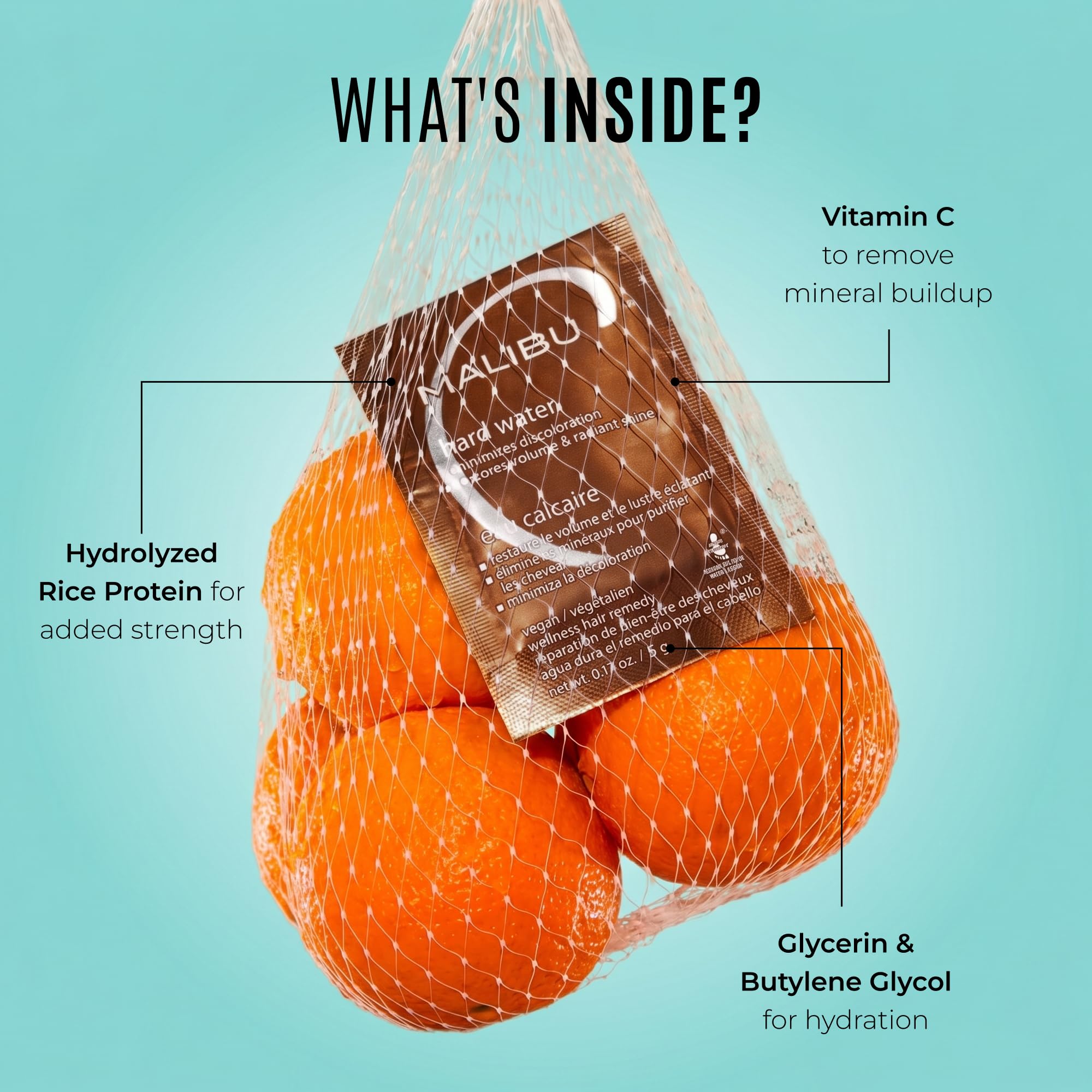 Malibu C product label and ingredient icons showing gentle, vegan formula