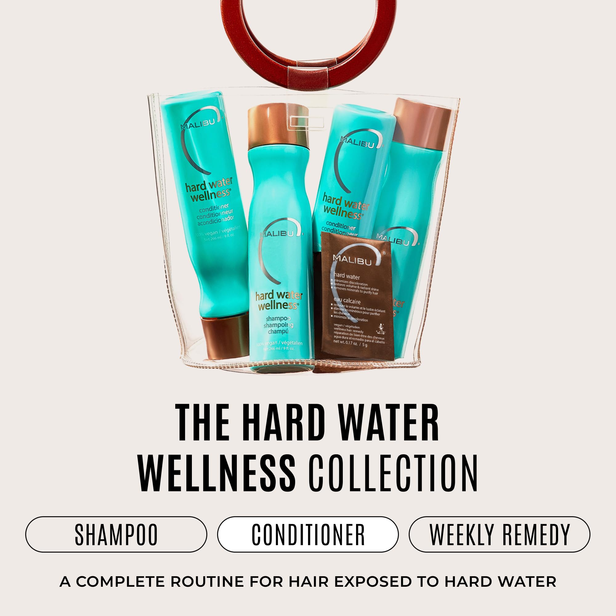 Malibu C paired with shampoo showing complete hard water routine benefit