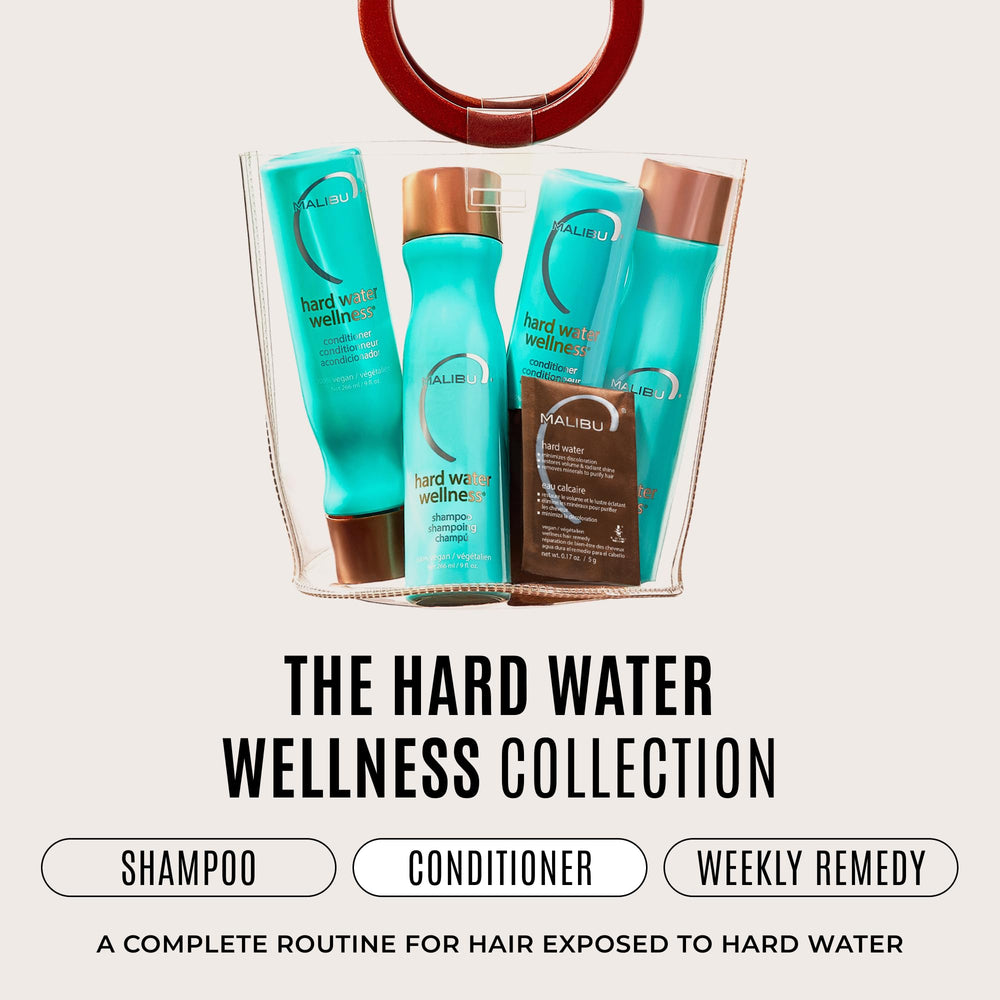Malibu C paired with shampoo showing complete hard water routine benefit