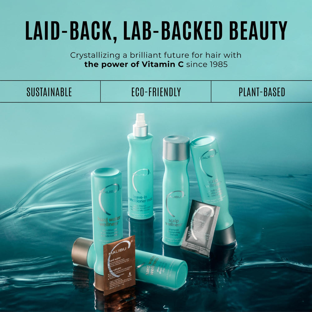Malibu C recycled-packaging detail emphasizing eco-friendly, cruelty-free benefit