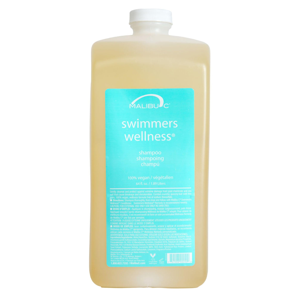 Malibu C front label of 64oz swimmers shampoo showing product benefit and clean formula