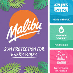 Malibu Sun on skin after splashing water to show water-resistant wear benefit
