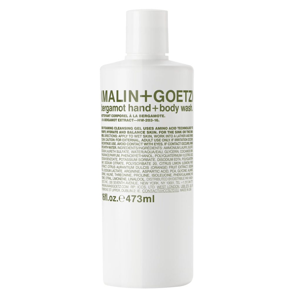 MALIN+GOETZ front bottle showing bergamot hand and body wash benefits