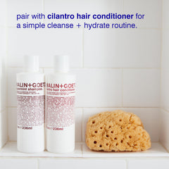 MALIN+GOETZ bottle paired with Cilantro Conditioner demonstrating balanced haircare routine