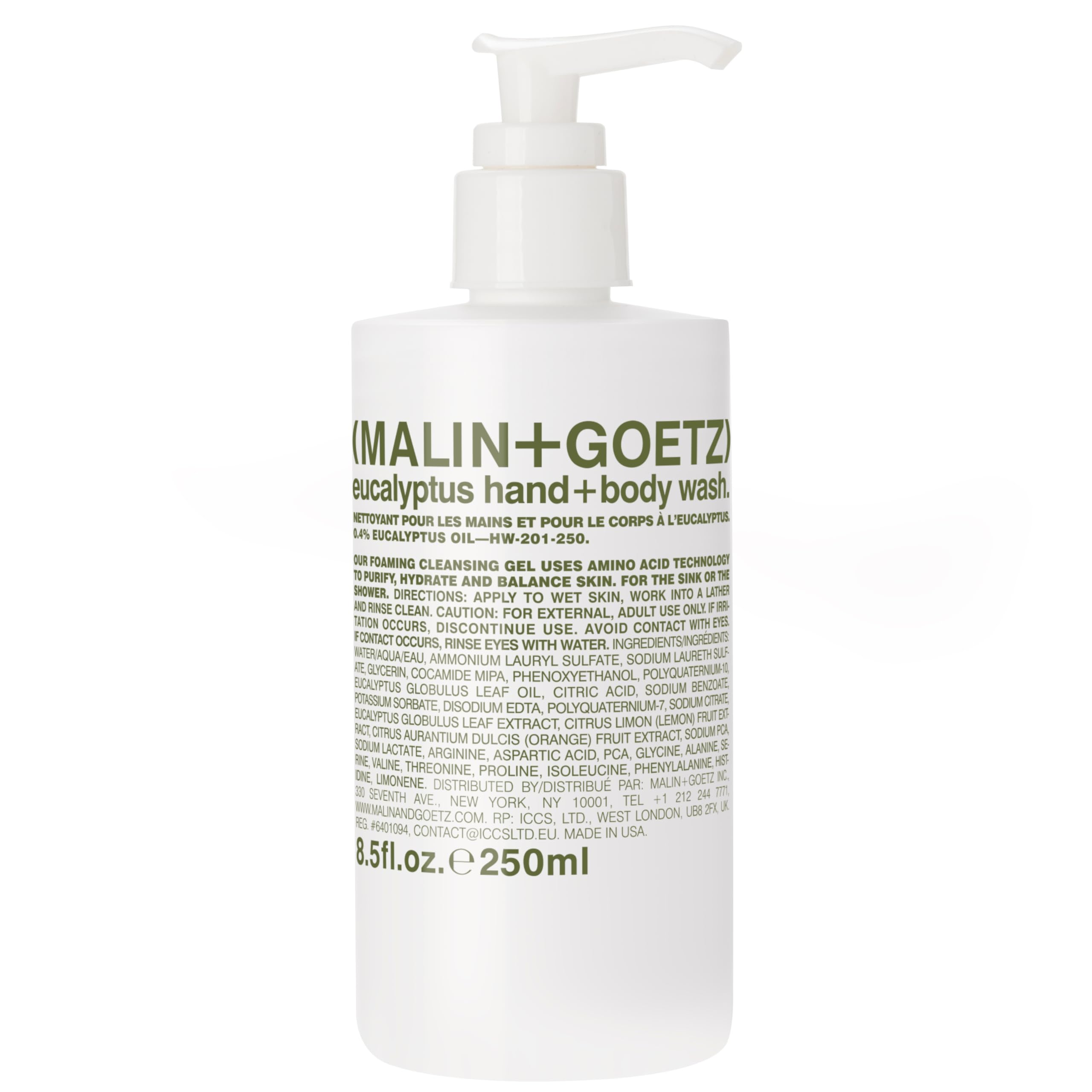 MALIN+GOETZ front bottle showing eucalyptus label and clean design