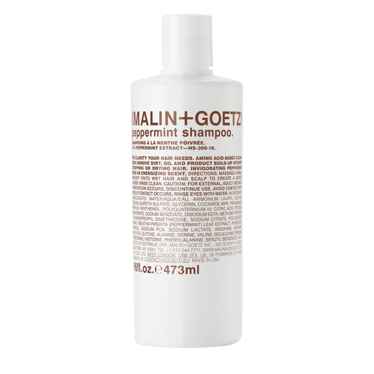 MALIN+GOETZ front packaging showcasing peppermint shampoo for refreshing cleanse