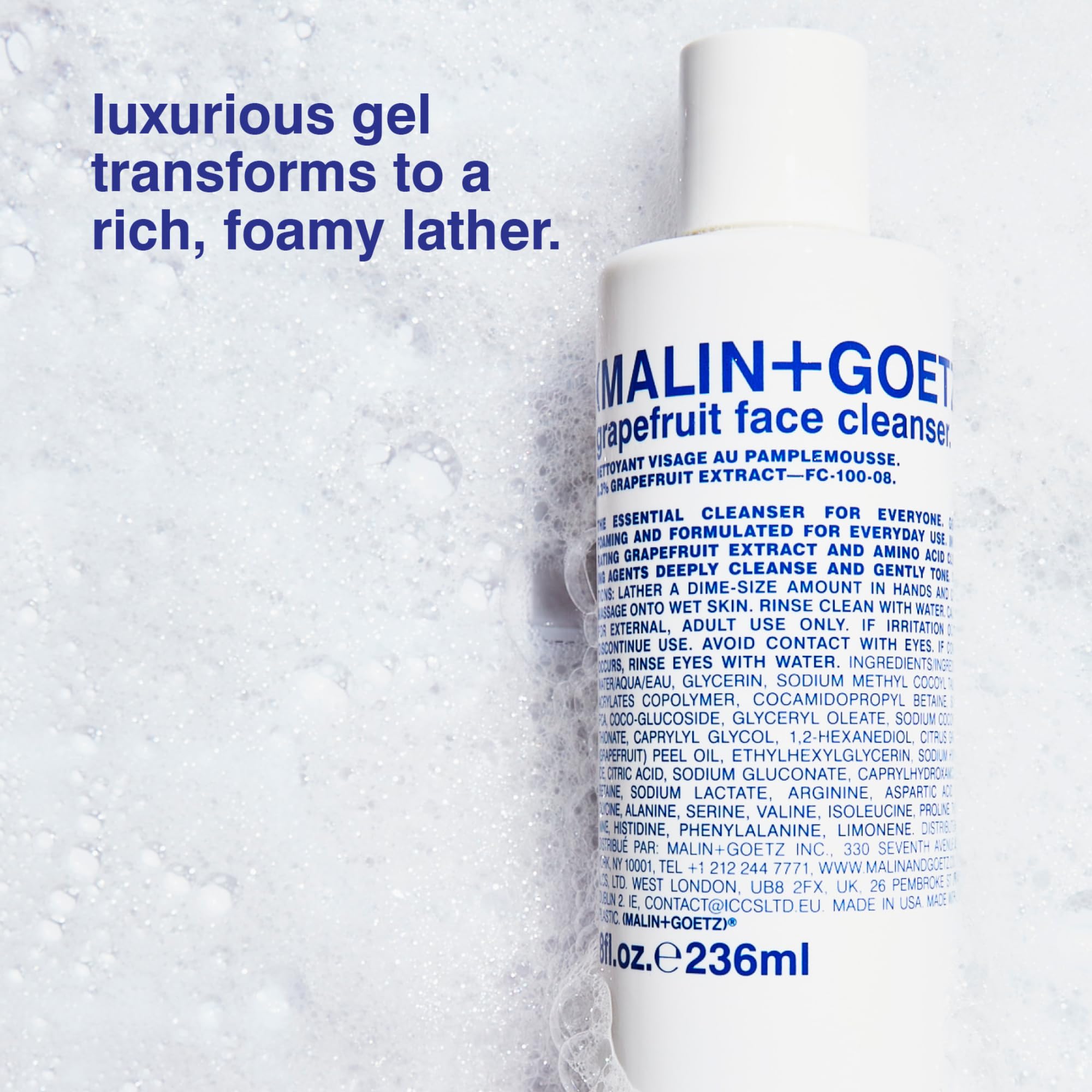 MALIN+GOETZ foamy texture on fingertip showing gentle cleansing action