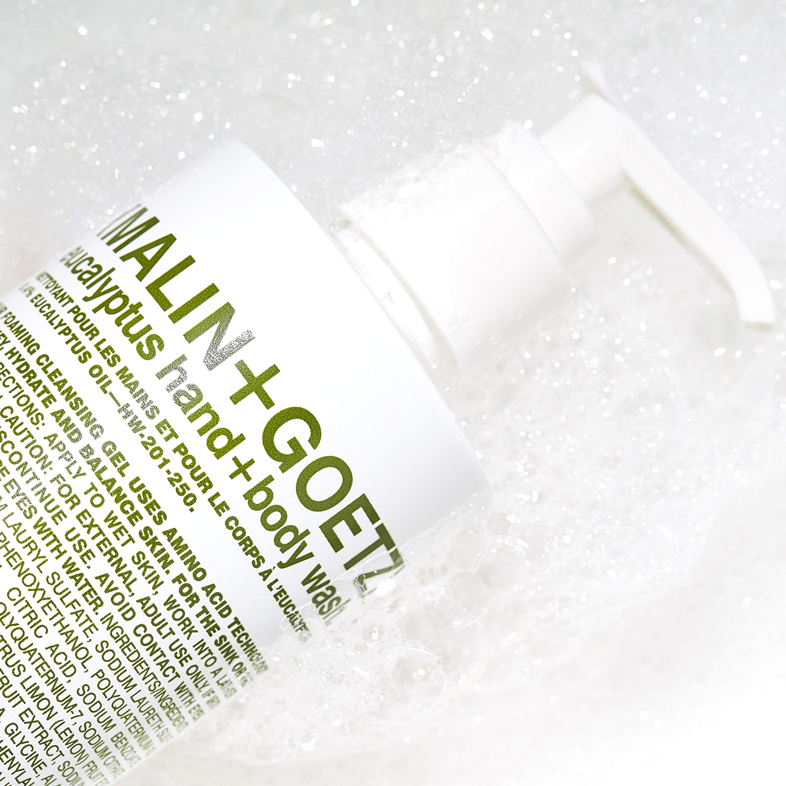 MALIN+GOETZ label detail showing eucalyptus ingredient and gentle formula