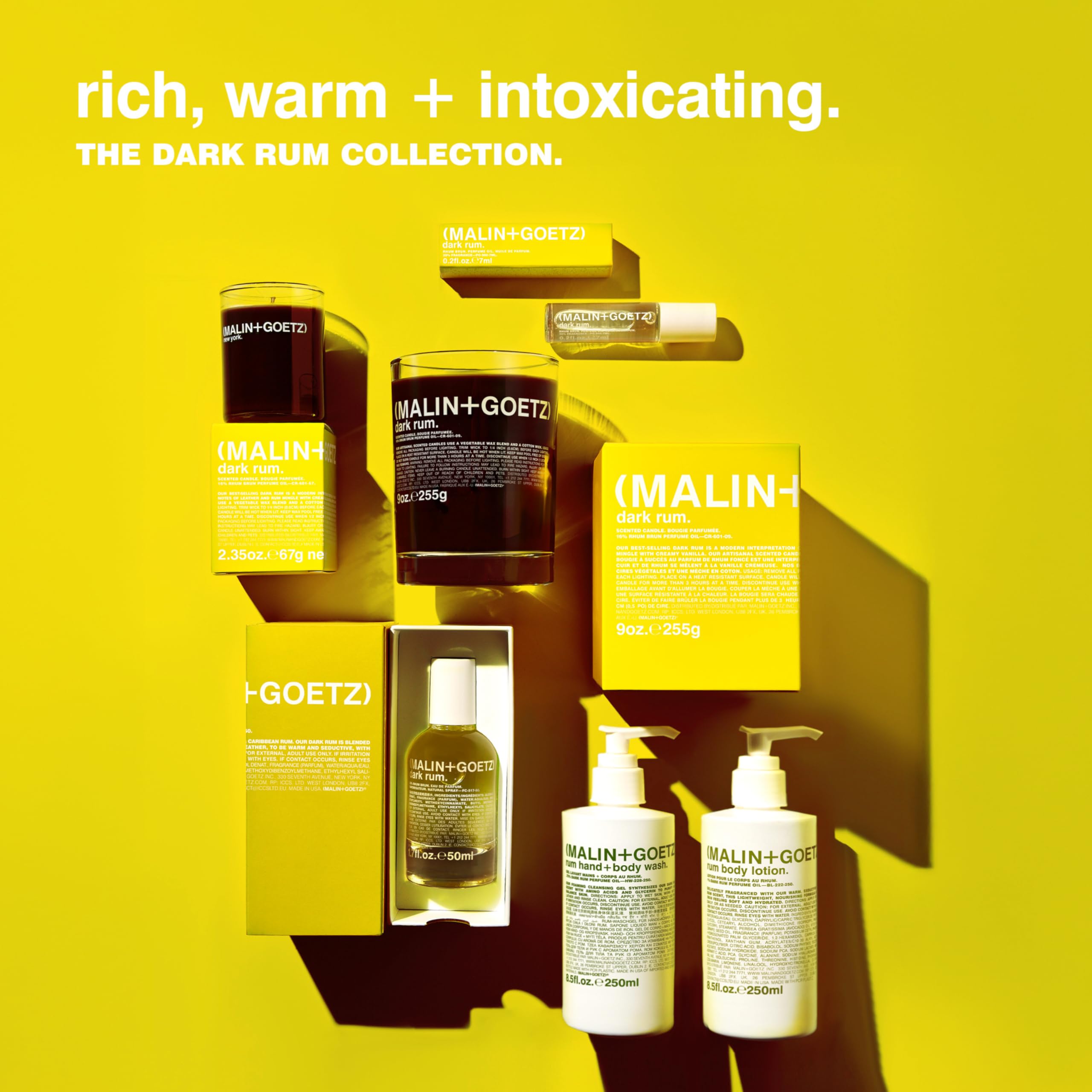 MALIN+GOETZ 8.5 fl oz bottle beside everyday items for scale