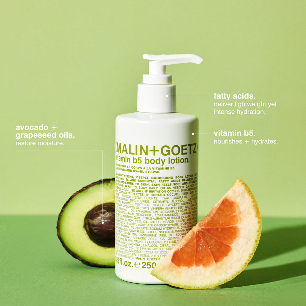 MALIN+GOETZ lotion texture on skin demonstrating lightweight absorption and smooth finish
