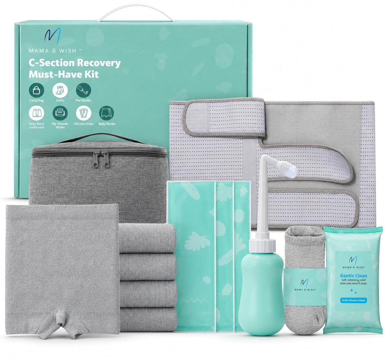 Mama & Wish front packaging showing complete 12-piece c-section kit and convenience