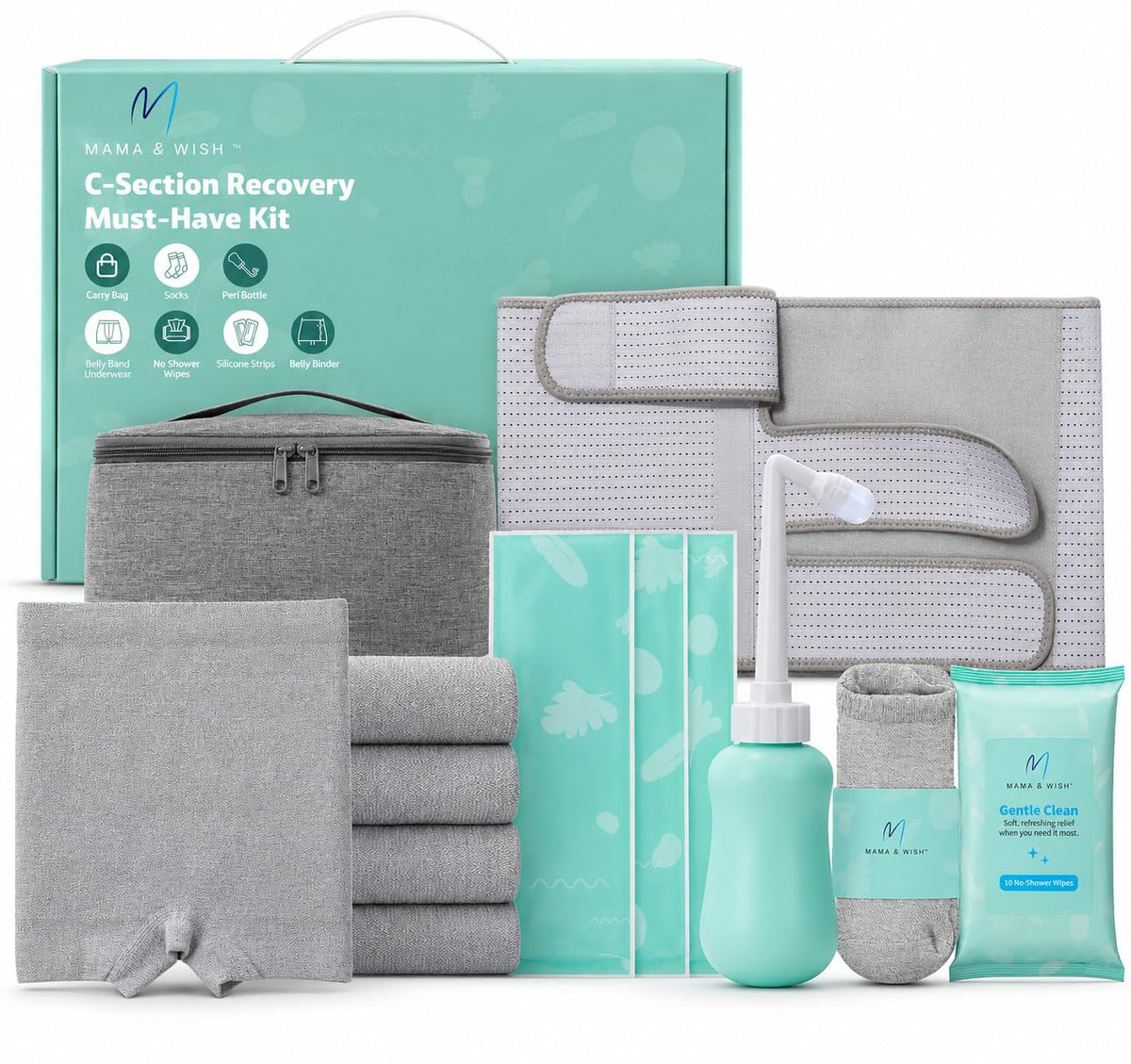 Mama & Wish front packaging showing complete 12-piece c-section kit and convenience
