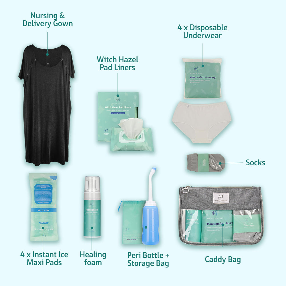 Mama & Wish gown showing front and back snaps for fast breastfeeding access