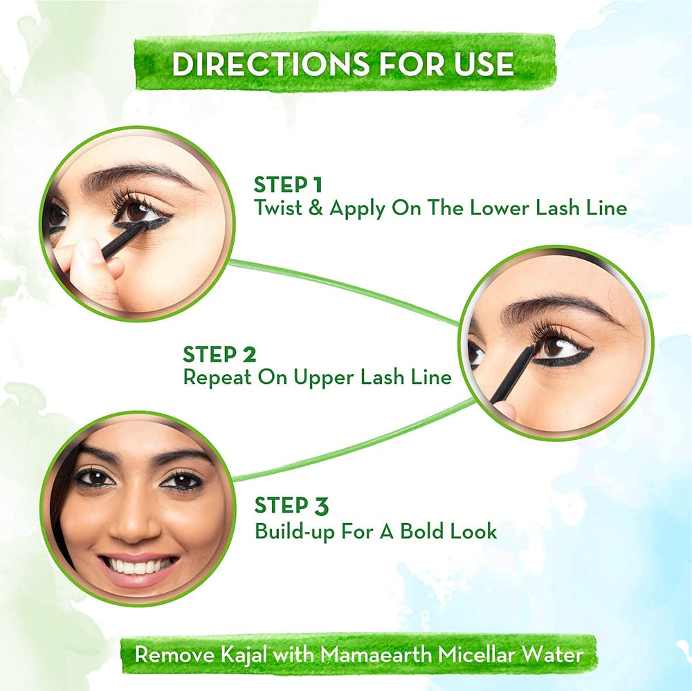 MAMAEARTH kajal ingredient label showing Vitamin C and chamomile clarity
