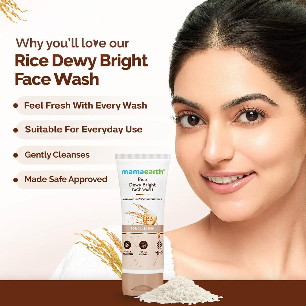 MAMAEARTH tube next to rice grains highlighting rice water benefit