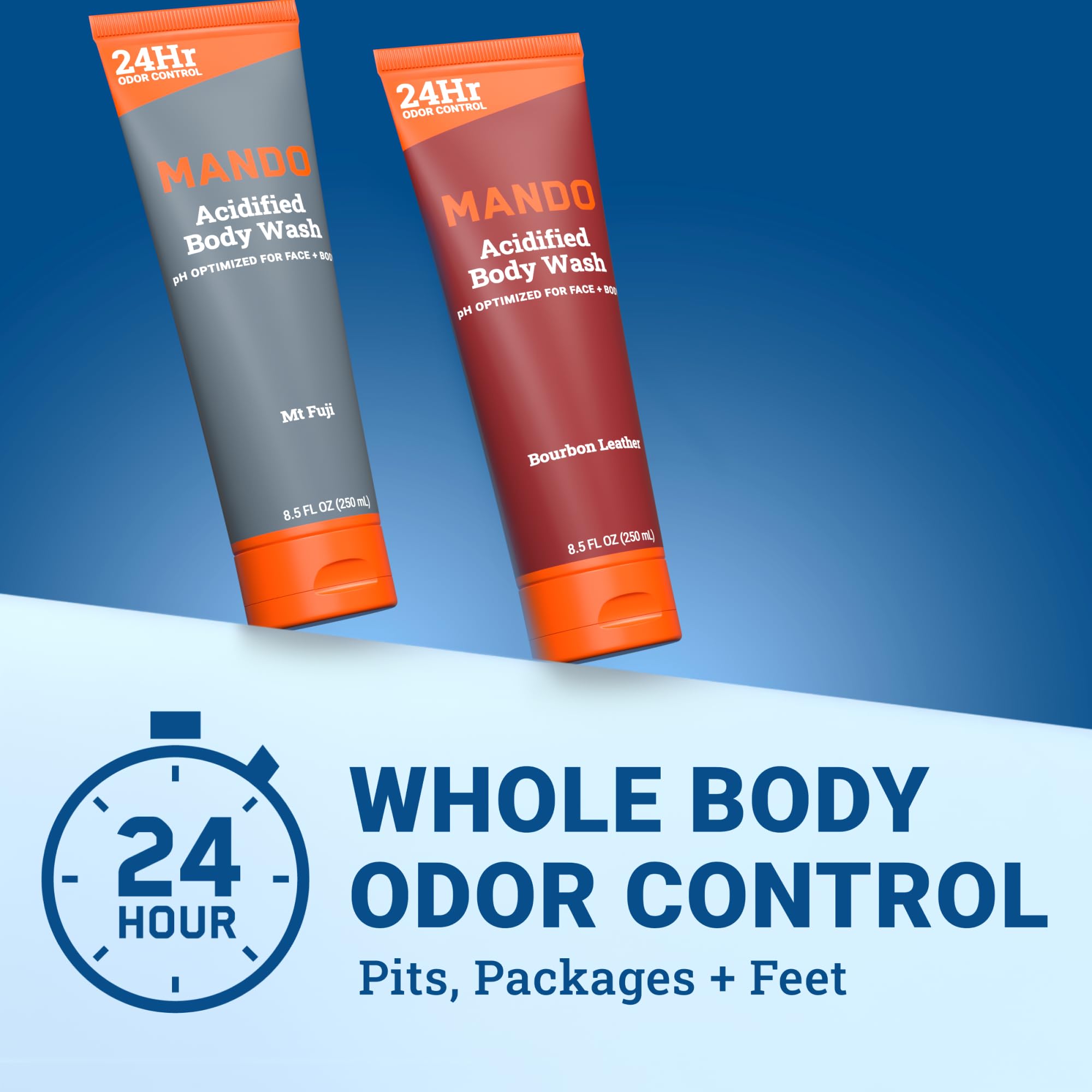Mando bottle in shower on shelf illustrating daily use convenience