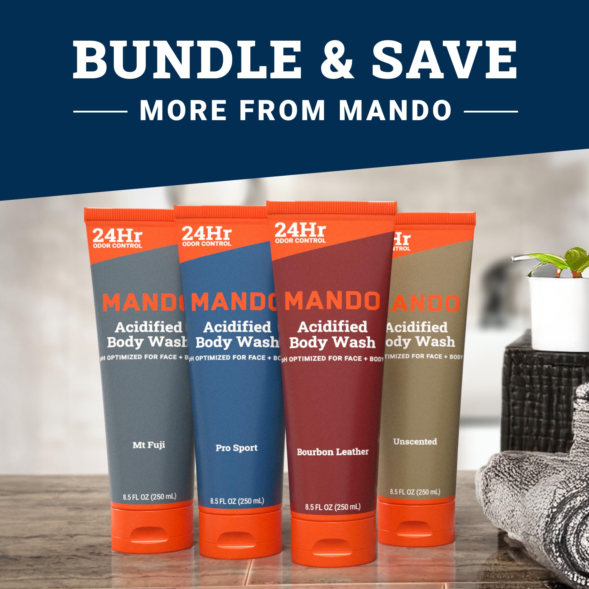 Mando in‑shower lifestyle shot showing real‑world odor control benefit