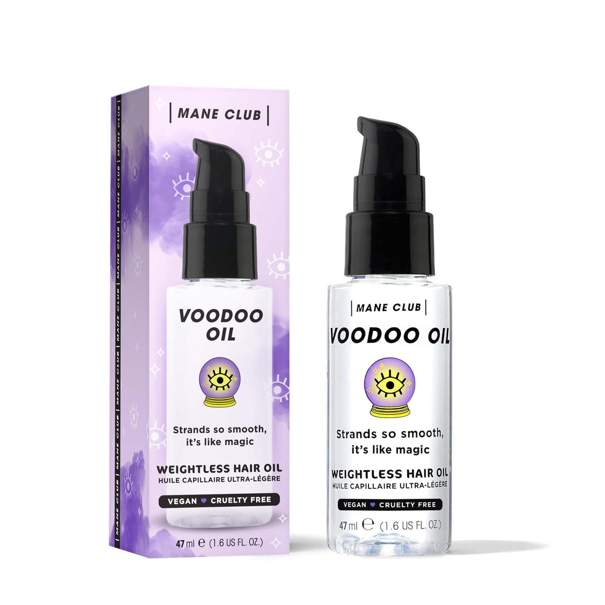 MANE CLUB front packaging showing compact 1.6 oz bottle and branding benefits