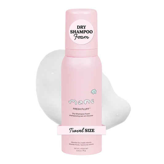 Mane Fresh Fluff front packaging showing compact travel bottle and benefits
