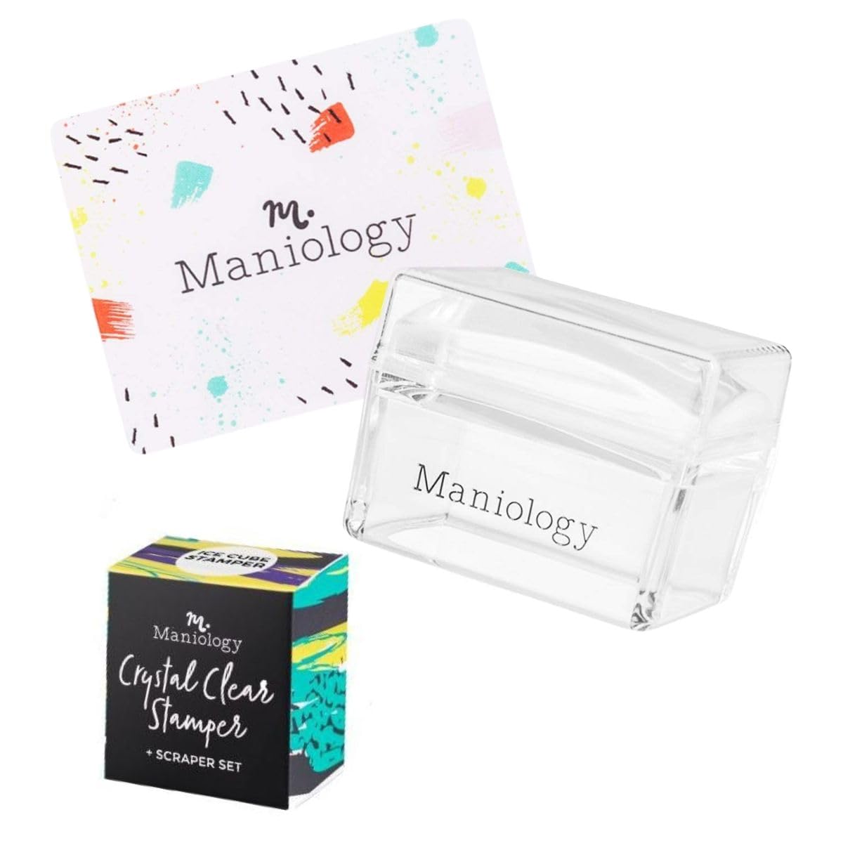 Maniology clear rectangular stamper front view showing shape and handle for precise placement