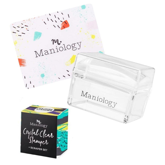 Maniology clear rectangular stamper front view showing shape and handle for precise placement
