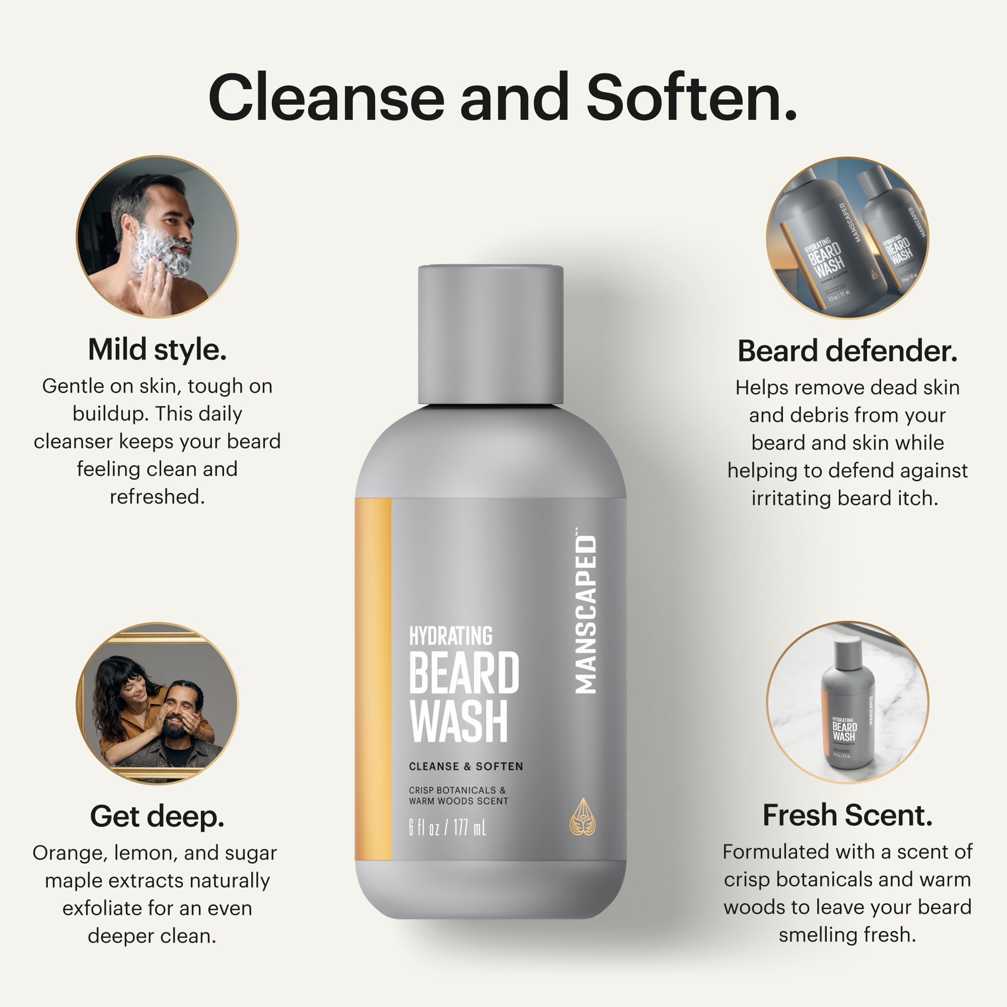 MANSCAPED label close-up highlighting ingredients and easy-pump benefit