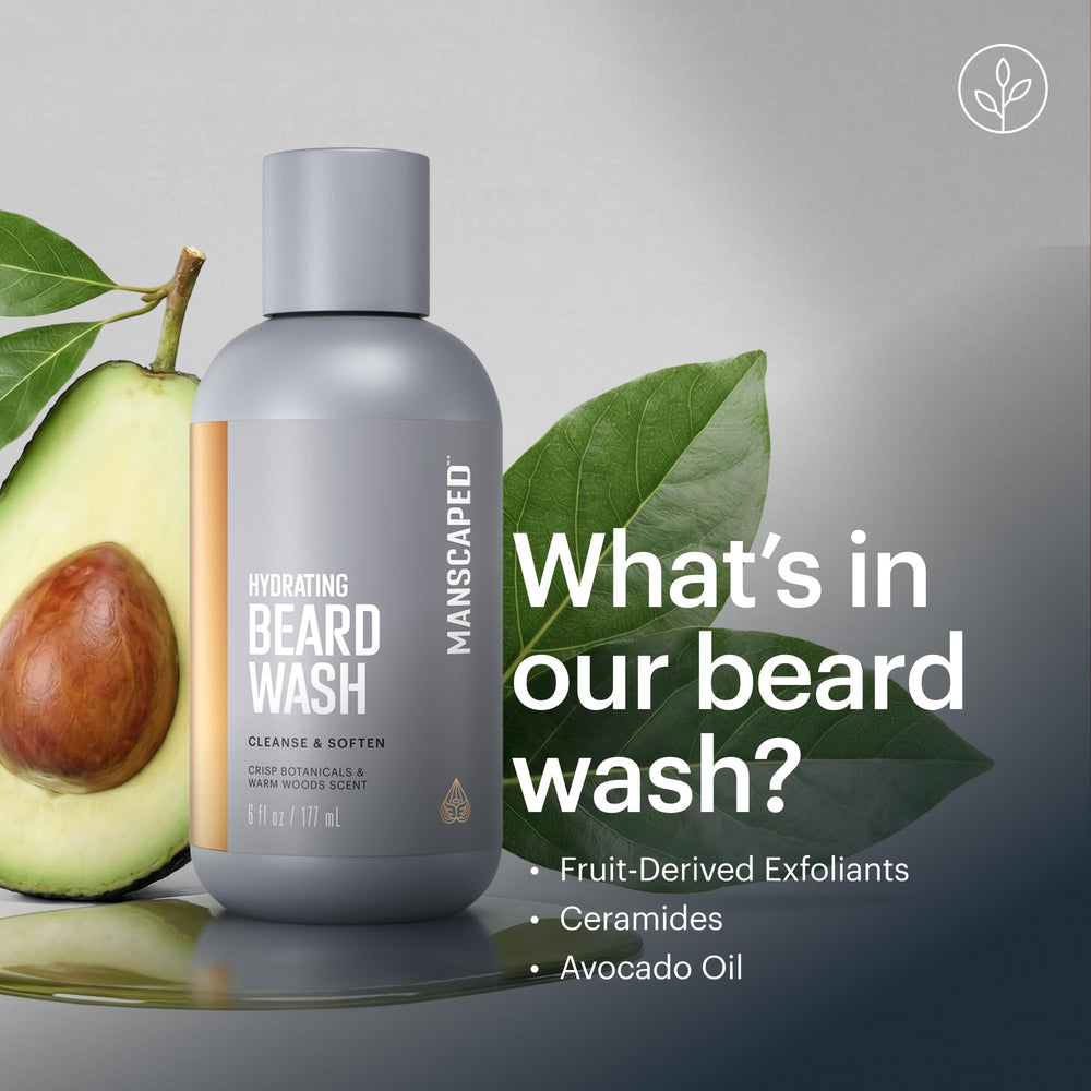 MANSCAPED bottle in hand showing 6 fl oz scale and travel-friendly benefit