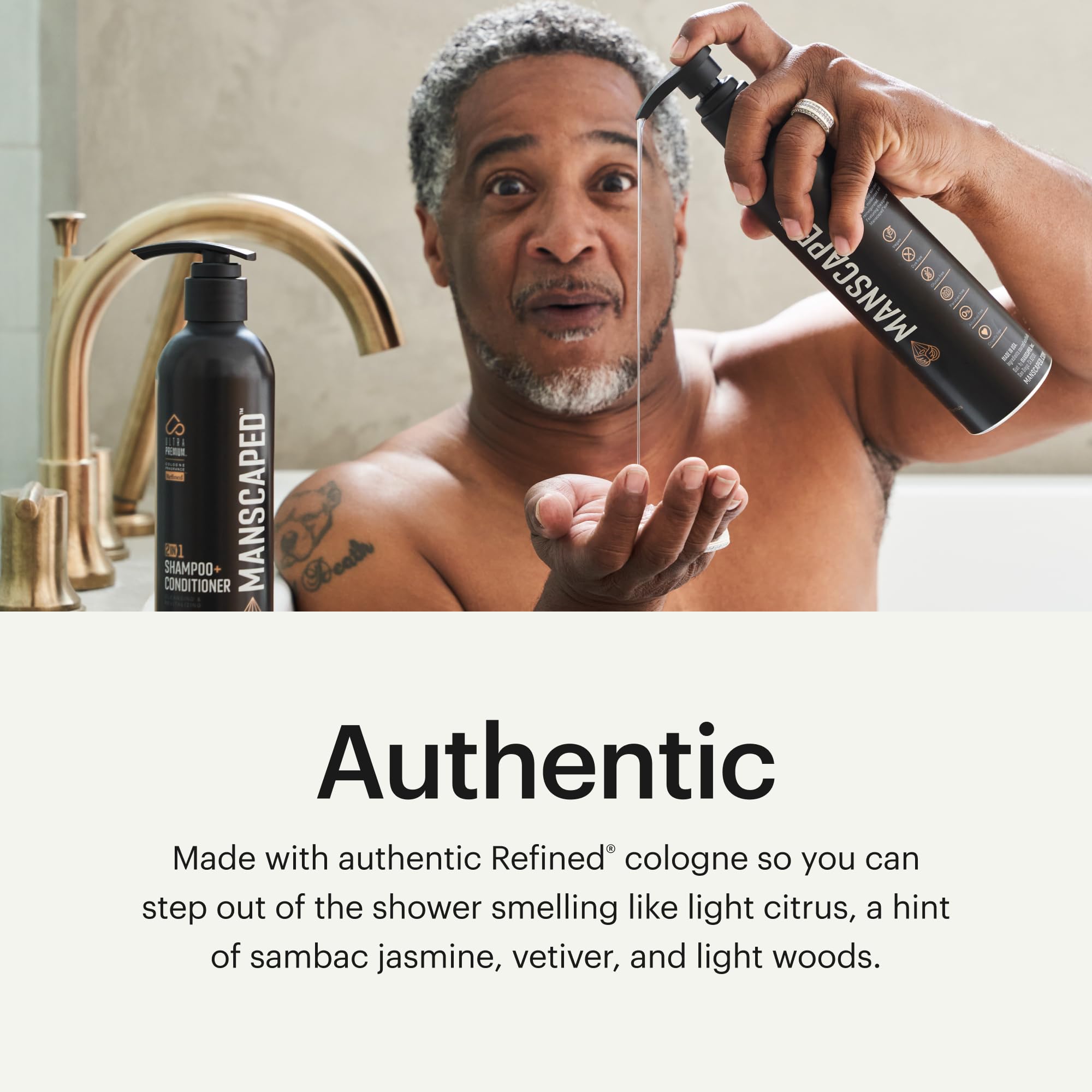 MANSCAPED bottle on shower shelf illustrating water‑resistant packaging and daily use
