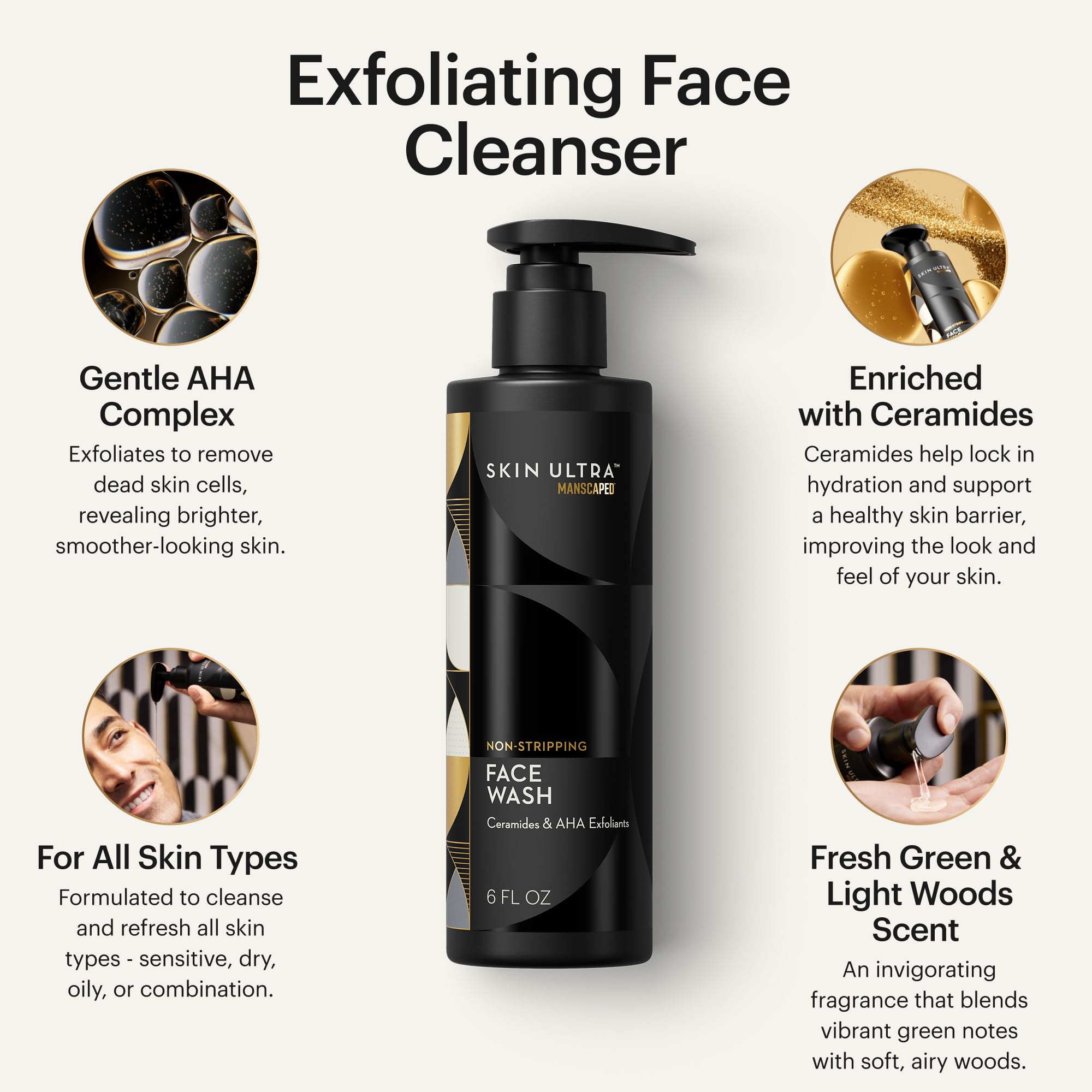 MANSCAPED exfoliating face wash texture close-up revealing mild AHA formulation