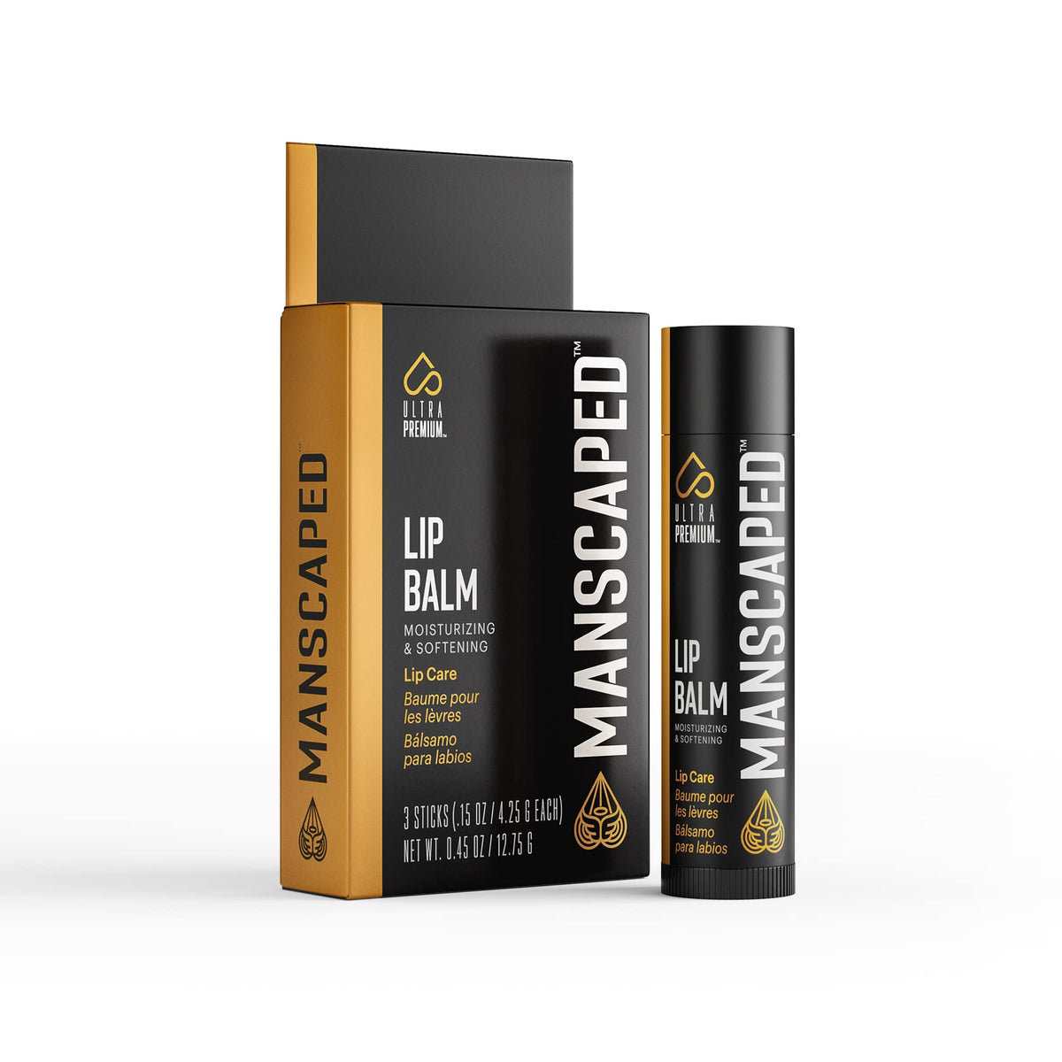 MANSCAPED front packaging of lip balm showing matte finish and compact size for discreet hydration