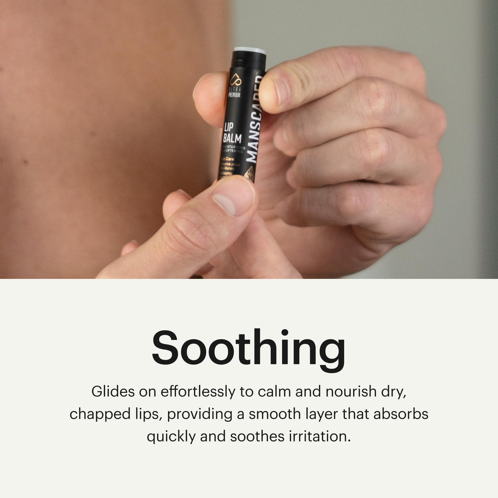 MANSCAPED lip balm applied on male lips demonstrating cooling peppermint comfort