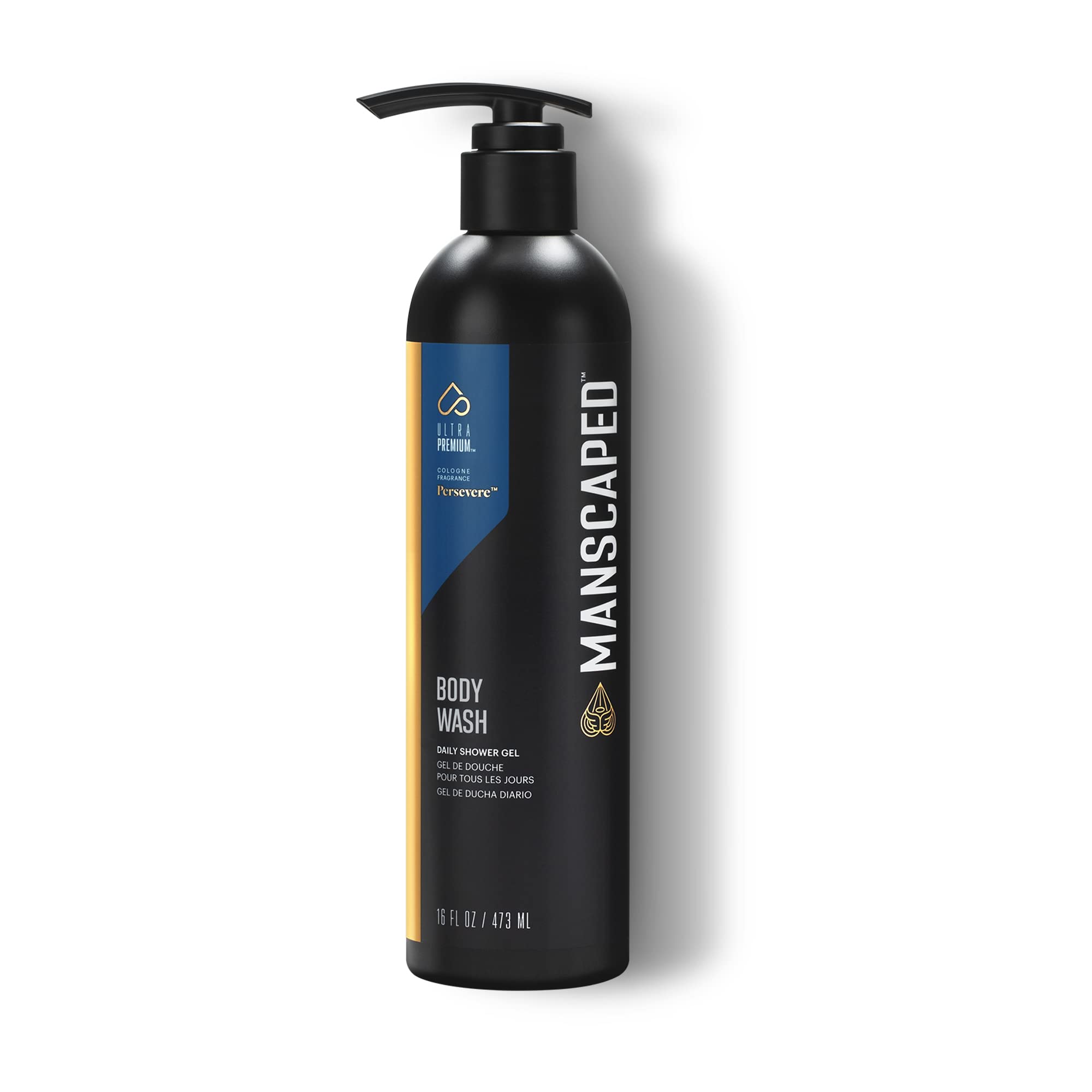 MANSCAPED front packaging of Persevere body wash showing 16 oz bottle and branding benefit: clear identification