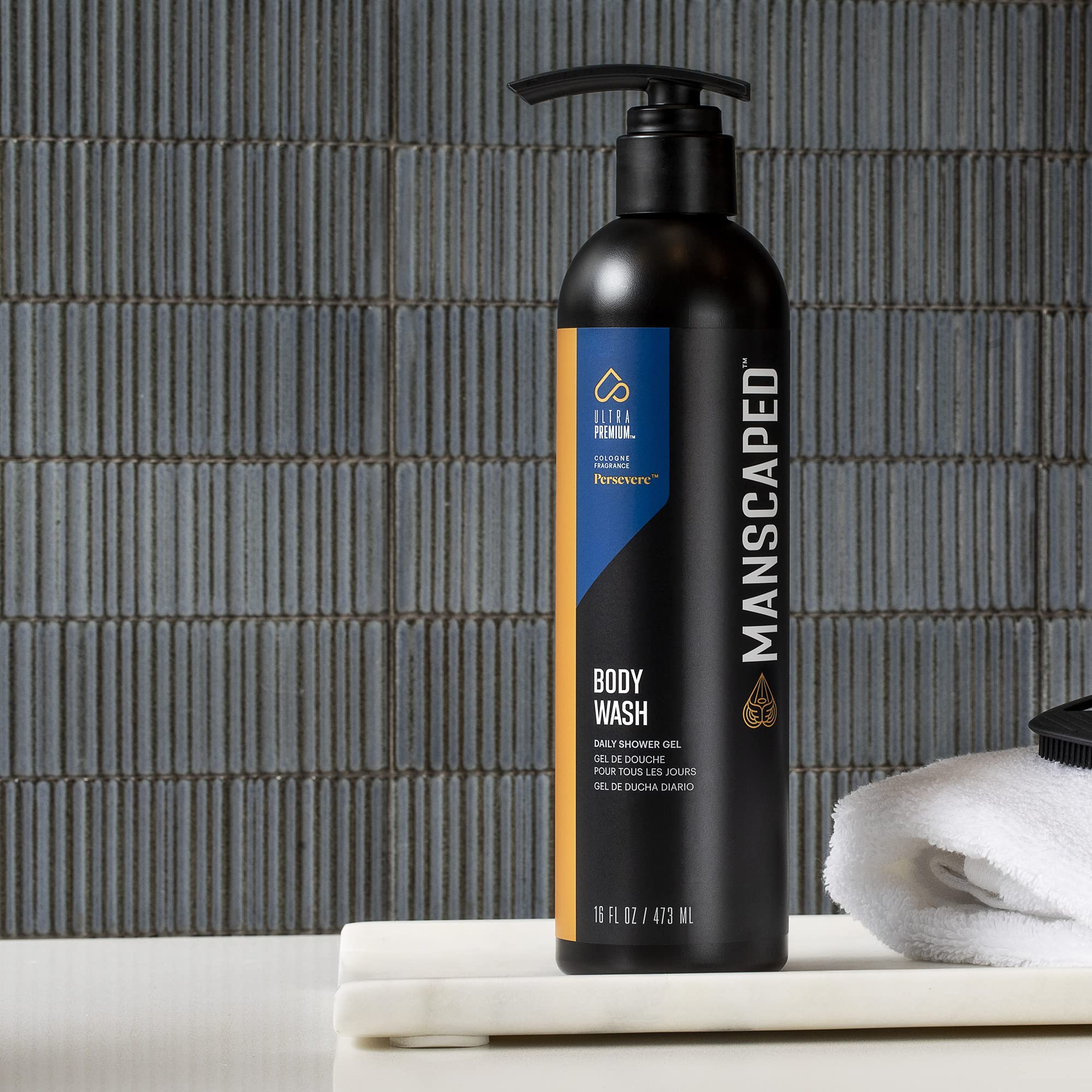 MANSCAPED pump dispenser detail on bottle demonstrating easy in-shower use and convenient dispensing