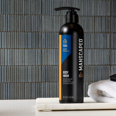 MANSCAPED pump dispenser detail on bottle demonstrating easy in-shower use and convenient dispensing