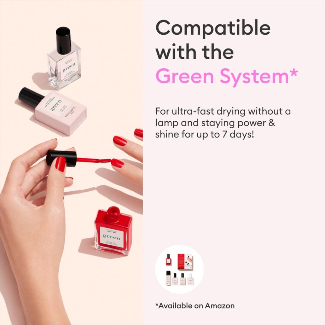 Manucurist flatlay with green polish and top coat for long-lasting manicure
